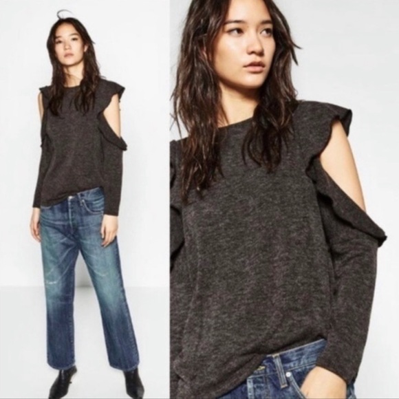 NEVER WORN Zara Sweater Cold Shoulder Ruffle Sleeve Size Medium - Picture 1 of 5